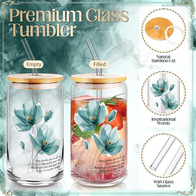 Funnymoom 6 Pcs Appreciation Gifts Set for Women Back to School Teacher Gifts Employee Thank You Gift with 17 oz Glass Tumbler Journal Pens and Pouch for Coworkers Educators,Floral,Green