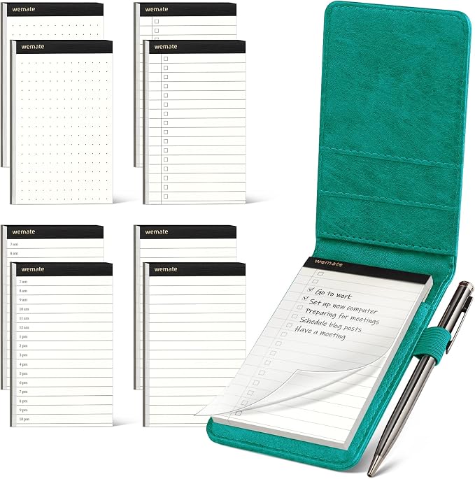 WEMATE 10 Pieces Small Notepad Holder Set Pocket Notebook - Included Mini Pocket Notepad Holder Set with 8 Memo Book Refills and Metal Pen for Meetings, Daily Records, and Notes 3 x 5 Inch (Green) | Pocket Notepad Holder with 8 Memo Book Refills and Me...