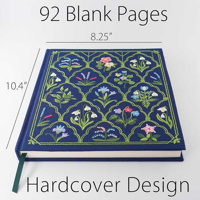 diodrio Luxury Embroidered Sketchbook for women 180gsm Premium Heavy Paper 92 Blank Pages, Keepsake Sketch Book with Floral Embroidery, 10.4" L x 8.25" W, Grosgrain Ribbon Bookmark, Lapis Blue, Size M