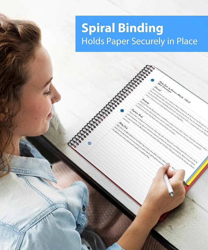 Dunwell 3-Subject Spiral Notebook College Ruled 8.5x11 (Red), 150 Sheets (300 Pages), Tabs, Color Movable Divider Pockets, Protective Plastic Covers, 3-Hole Punched Tear-Off Paper