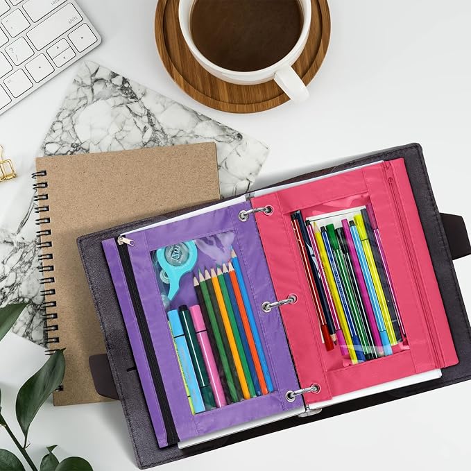 3-Ring Pen Pencil Pouch with Clear Window Stationery Bag Binder Case Classroom Organizers Purple
