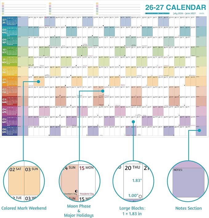Yearly Wall Calendar 2026-2027 - Large Yearly Calendar 2026-2027, Jul 2026 - Jun 2027, 38.2'' x 25.2'' (Open), 12 Months, Thick Yearly Wall Calendar with To-do Lists, Notes, Stickers, All At One Page