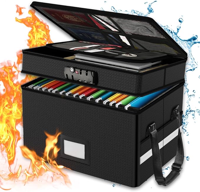 RHM Fireproof Document Box with Lock, 2 Layer Fire Proof File Box for Documents with Handle, Portable Home Office Fire Safe Document Box for Hanging Letter/Legal Folder/Certificate | Fireproof to 2000°F, Waterproof, Large Capacity, Night Reflective Str...