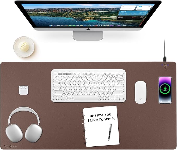 Wireless Charging Mouse Pad 2 in 1 Leather Multifunctional Office Desk Pad with Non-Slip Rubber Base, Waterproof Desk Pad for Computers/Office/Work/Home/Decor 36" x 17" Brown