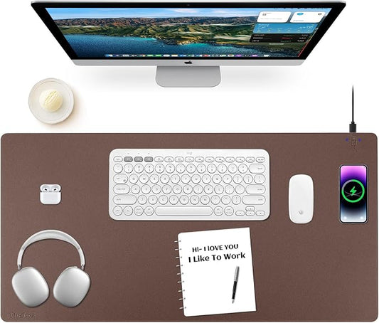 Wireless Charging Mouse Pad 2 in 1 Leather Multifunctional Office Desk Pad with Non-Slip Rubber Base, Waterproof Desk Pad for Computers/Office/Work/Home/Decor 36" x 17" Brown