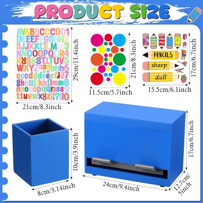 Mifoci 8 Pcs Wooden Pencil Dispenser Kit for Classroom Wooden Pen Holder Straw Dispenser Sharp and Dull Letter Stickers for Teachers Classroom Supplies Storage (Royal Blue)