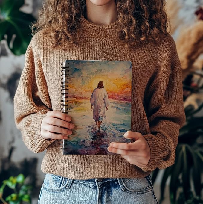 bitCNY Jesus Walking on Water Notebook 8.3x5.5 Inch – Watercolor Christian Spiral Journal, Inspirational Bible Verse Notebook, Lined for Notes & Prayer