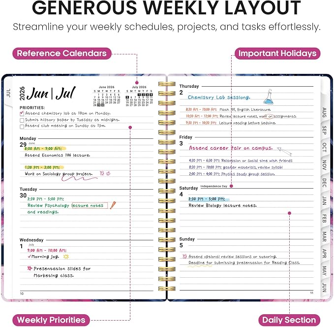 Planner 2026-2027, Academic Year Monthly and Weekly Calendar Planner, Jul 2026 - Jun 2027, Hardcover Teacher Student Planning Agenda book with Tabs, Perfect for School Office Supplies, 6.3" x 8.5" - Pink Vortex
