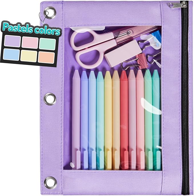 Forvencer Pencil Pouch for 3 Ring Binder, Pastels Pencil Case with Smooth Zipper, Cute Soft Pen Bag with Clear Window & 3 Reinforced Grommets, Big Capacity Binder Bag, School Office Supplies, Purple