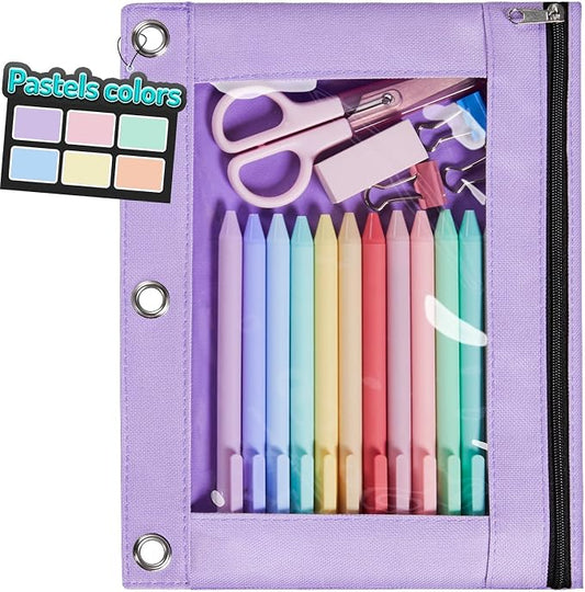 Forvencer Pencil Pouch for 3 Ring Binder, Pastels Pencil Case with Smooth Zipper, Cute Soft Pen Bag with Clear Window & 3 Reinforced Grommets, Big Capacity Binder Bag, School Office Supplies, Purple