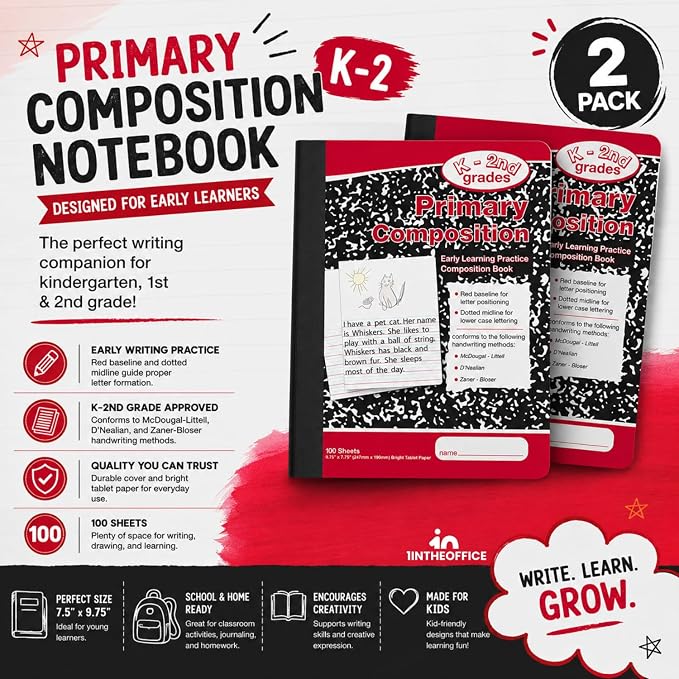 1InTheOffice Primary Composition Notebook K-2, Primary Journal, Kindergarten Notebook, 7.5" x 9.75", 100/Sheets, Red/Black Marble, 2 Pack