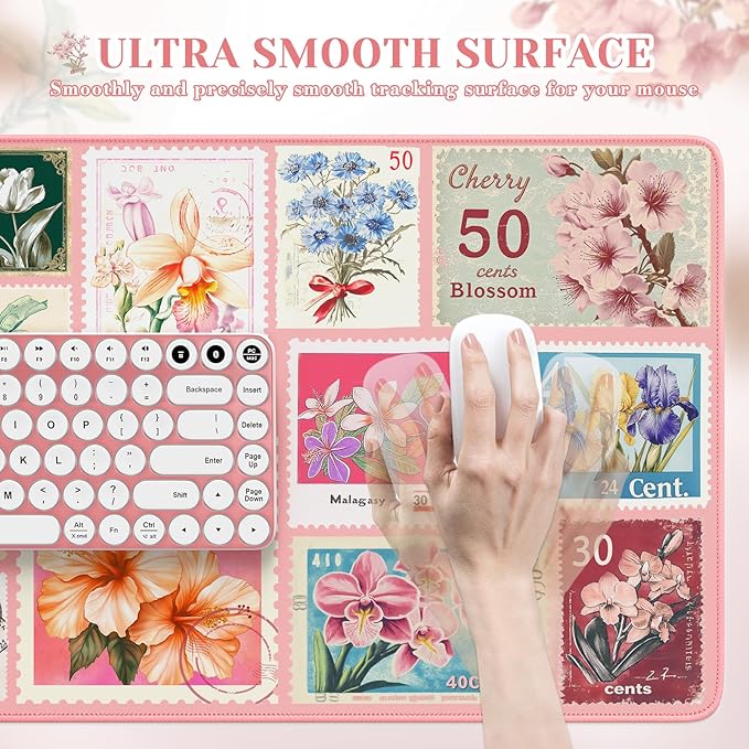iCasso Pink Floral Desk Pad Mat, XXL Large Mouse Pad, Anti-Slip Retro Mousepad with Stitched Edges, Computer Keyboard Mat for Desktop Decor, Aesthetic Office Desk Accessories for Women(Pastel Pink)