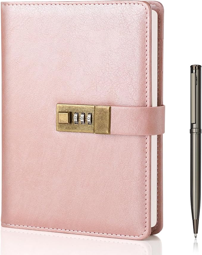 WEMATE Diary with Lock, A5 PU Leather Locked Journal 240 Pages Rose Gold | Vintage Lock Journal Notebook with Pen & Gift Box, Lock Diary Planner Organizer for Men and Women, 8.6x5.8in
