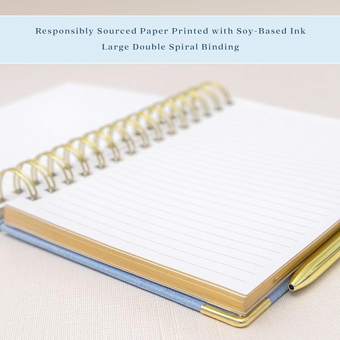 ELYN Lined Spiral Journal, Linen Hardcover Notebook with Matching Gold Gel Pen, 252 Pages, 8 in x 5 in - 100 GSM Premium Paper, Spiral Notebook for Home, Office, Notes & Gifts, (Blue)