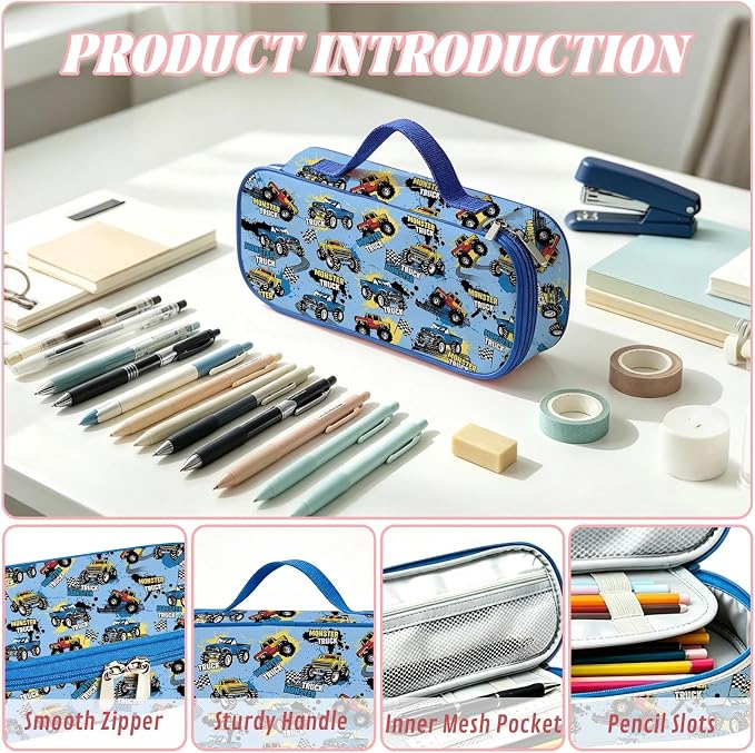 Monster Truck Pencil Case for Boys, Large Capacity Kids Car Pencil Box with Zipper Compartments, Portable Pen Pouch Bag for Office School Travel