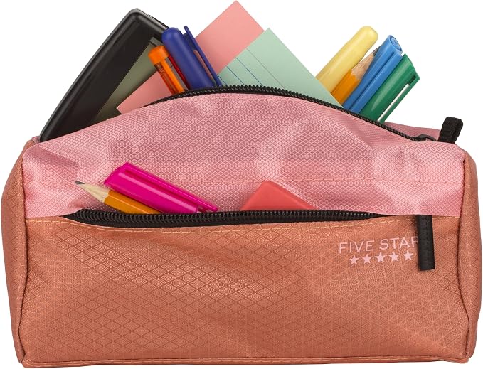 Five Star Pencil Pouch, Pen Case, 9-Pocket Zipper Pouch, Storage Organizer for School Supplies Earbuds Chargers Cables Makeup, Pink/Terracotta (500213F-ECM) (Pack of 12)