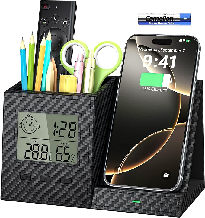 Desk Organizer with Wireless Charger, Digital Clock, Thermometer & Hygrometer - Multi-Functional Pencil Holder, Office Desk Accessories Storage Caddy for Home, Office, Men, Women (Battery Included)