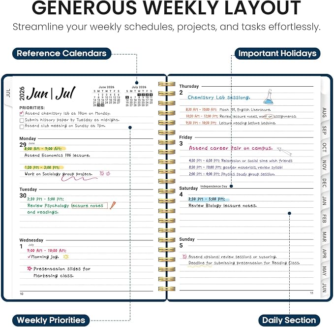 Planner 2026-2027, 6.3" x 8.5" Weekly and Monthly Academic Year Planner Calendar, July 2026 - June 2027, Hardcover Large School Planning Agenda With Tabs, Perfect for School & Office Supplies, A5, Navy Blue