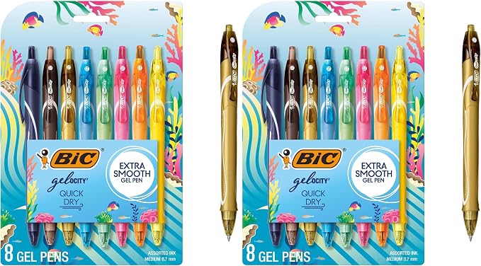 BIC Gelocity Quick Dry Ocean Themed Gel Pens, Medium Point (0.7mm), 8-Count -Pen Set, Colored Gel Pens for Note Taking and Journaling, (Pack of 2)