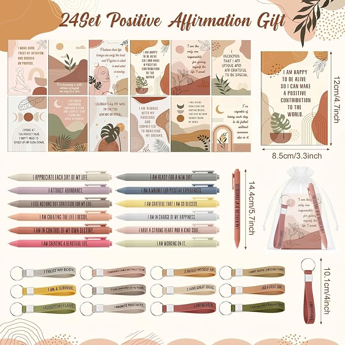Mooliwe 24 Set Positive Affirmation Gift Set Gratitude Notebooks with Pens Keychains Small Bags Motivational Party Favors for Adult Women Coworkers Employee Group (Groovy)