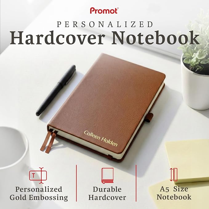 Promot PU Leather Ruled Journal Notebook- Custom Gold Metallic Text (Brown) | Premium Leather-Look Cover, Smooth Lined Writing Pages, Durable Everyday Construction, Lay-Flat Writing Experience