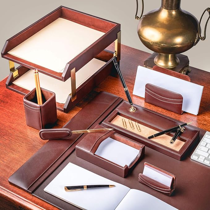 Dacasso Chocolate Brown Leather Luxury Desk Accessory Set - 10 Piece Executive Desk Decor - 34" x 20" Leather Blotter Pad & Organization Essentials