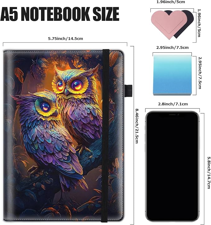 Hardcover Executive Notebooks, A5 PU Leather Lined Journal Notebook, 200 Pages Thick Paper Subject Notebooks for School,Work,Home Writing Business Notebook, Diary Book, Owl