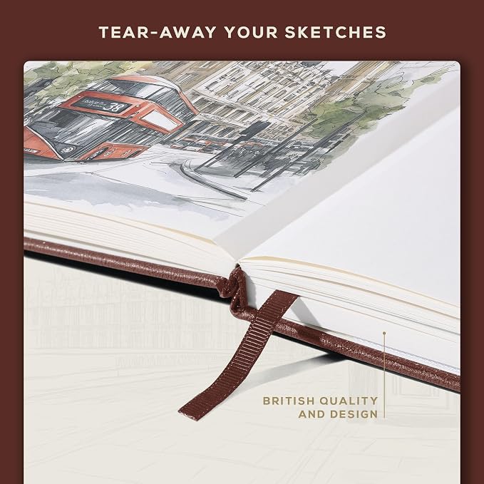 Beechmore Books 300 GSM Heavyweight Mixed Media Sketchbook A5 5.8"x8.3" - 96 Pages, Vegan Leather Hardcover Professional Art Journal for Paintings, Gouache and Ink