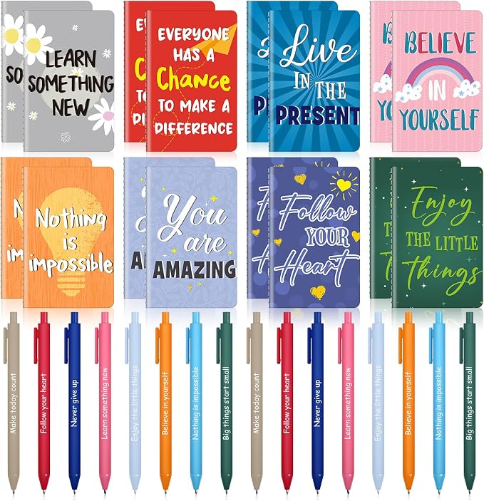 Funrous 32 Pcs Motivational Quote Pens Inspirational Notepads Mini Journal with Ballpoint Pen Small Notebooks Gift for Men Women Coworker Adult Party Favors Prize Teacher Student Office(Vibrant)