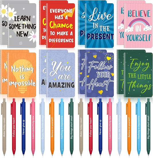 Funrous 32 Pcs Motivational Quote Pens Inspirational Notepads Mini Journal with Ballpoint Pen Small Notebooks Gift for Men Women Coworker Adult Party Favors Prize Teacher Student Office(Vibrant)
