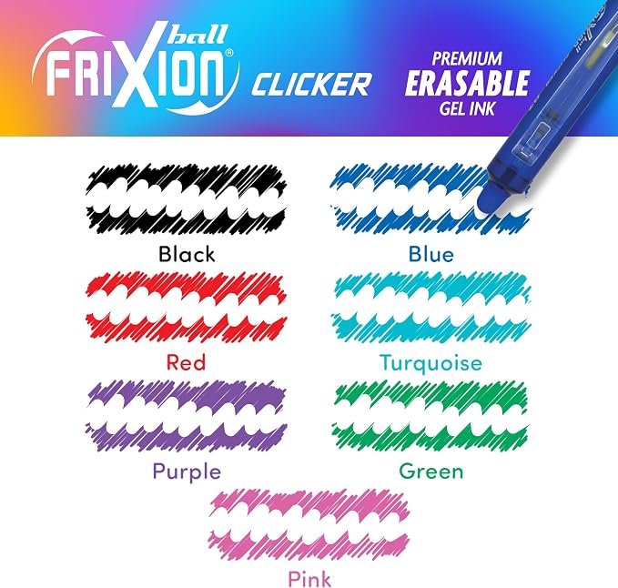 Pilot FriXion Clicker Erasable, Refillable & Retractable Gel Ink Pens Fine Point, Erasable Pens, Fine Tip 0.7mm, 7 Count (Pack of 1) Pouch
