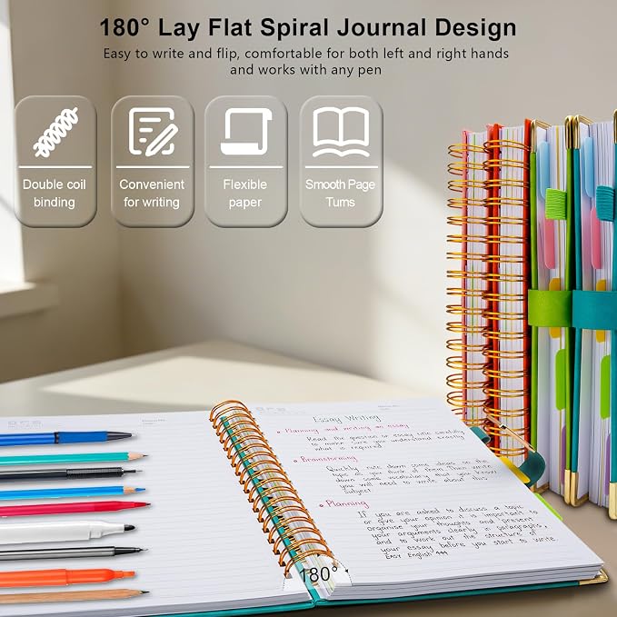 Hardcover Spiral Notebook College Ruled, 8"x10" Leather Journal Notebook with Magnetic Closure, 300 Pages 5 Subject Notebook with Dividers Tabs Journal for Women Men, Work, School(Deep Blue)