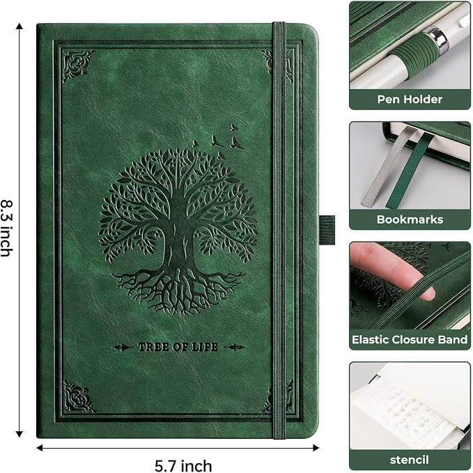 AHGXG Dotted Journal Notebook, 192 Pages, A5 Medium Size (5.7'' x 8.3'') | Leather Hardcover, 100 GSM Thick Paper, for Journaling, Planning, Tracking (Dark green)