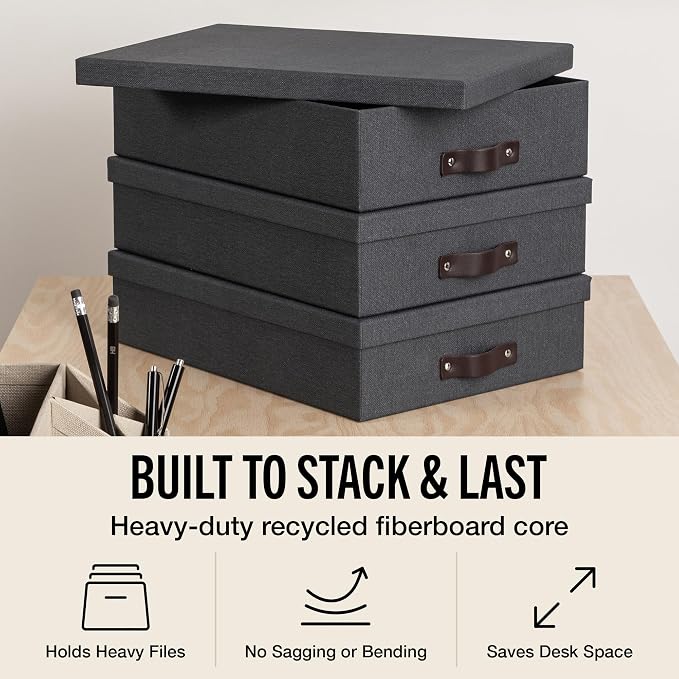 Bigso Oskar Canvas Fiberboard Document Letter Box for Important Paperwork A4 or Letter Size - Durable Keepsake Box with Lid and Leather Handle - 3.3in x 10.2in x 13.8in - Black