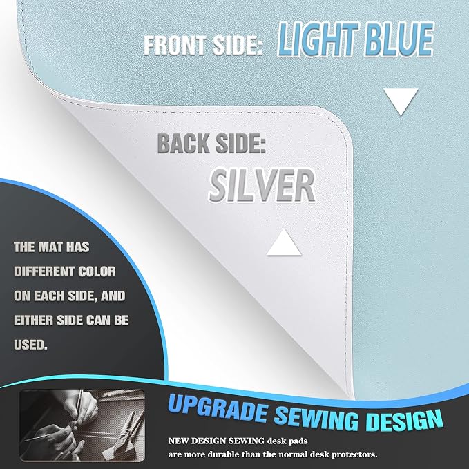 K KNODEL Large Sewing Leather Desk Mat, Desk Pad (Light Blue, 31.5"x15.7") | Mouse and Keyboard Pad, PVC Computer and Laptop Mat, Desktop Protector and Cover, Writing Pad and Blotter for Home Office