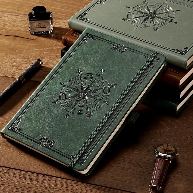 AHGXG Graph Grid Paper Notebook, 192 Pages, A5 Medium Size (5.7'' x 8.3'') | 5 Squares per Inch, Leather Hardcover, 100 GSM Thick Paper, for School, Students, Math, Engineering (Dark green)