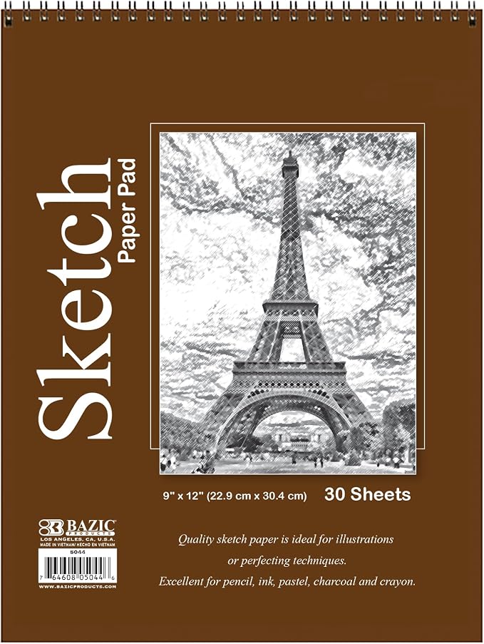 BAZIC Products Spiral Sketch Pad, Top Bound, 9 x 12 in, 30 Sheets, 48-Case | 30-sheet spiral sketch pad, smooth drawing paper for sketching, shading