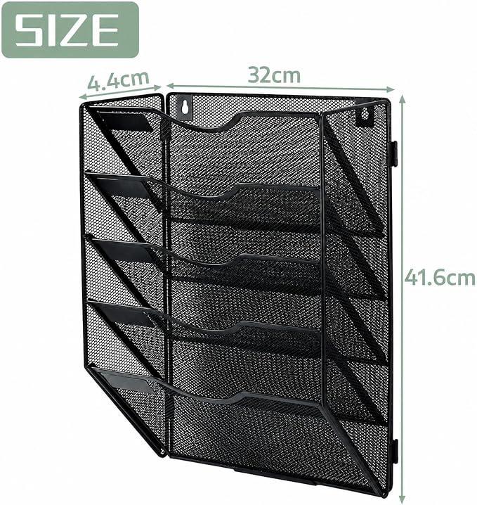5 Pockets Mesh Wall File Holder Organizer Office Hanging File Folder Magazine Rack, Nametag Label Hooks Set Included (Black)