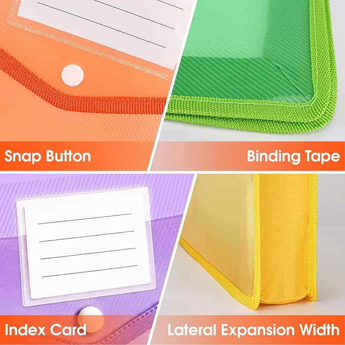 AZEN 12 Pack Plastic Expanding File Folder, Plastic Envelopes with Snap Closure for Documents, Accordion Folder Organizer for File Folder, No Dividers, Fit Letter/A4 Size