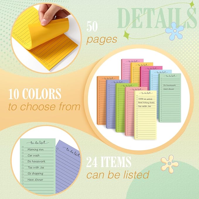 Censen 10 Pack 500 Sheets to Do List Notes Daily Checklist Notepad with 50 Sheets Undated Memo Pad Color Block Shopping List Weekly Plan Notepad Organizer Planners(Bright Color,Lined)