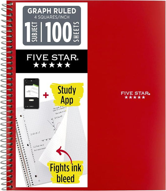 Five Star Spiral Notebook + Study App, 1 Subject, Graph Ruled Paper, 8-1/2" x 11", 100 Sheets, Fights Ink Bleed, Water Resistant Cover, Fire Red (620000D)