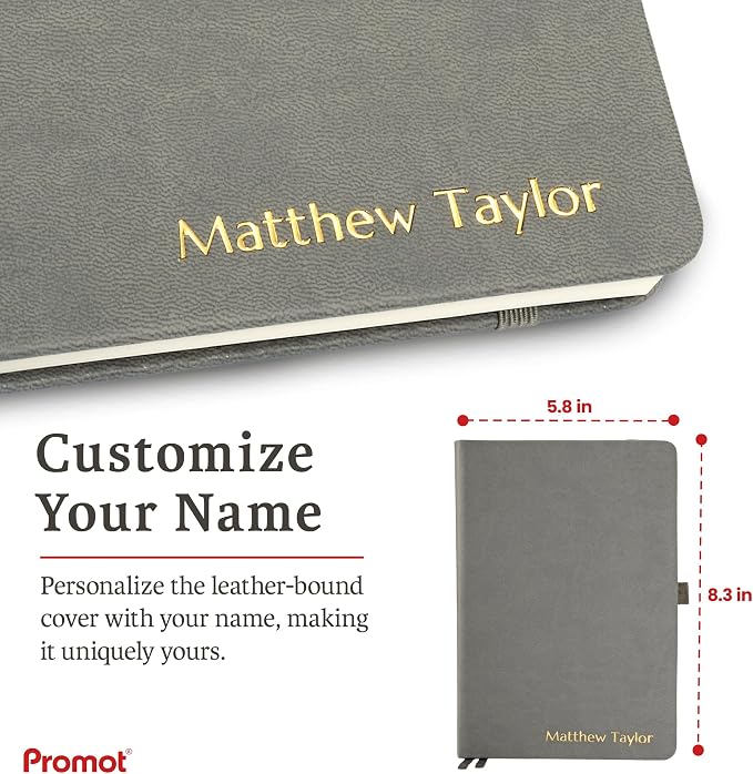 Promot PU Leather Ruled Journal Notebook- Custom Gold Metallic Text (Gray) | Premium Leather-Look Cover, Smooth Lined Writing Pages, Durable Everyday Construction, Lay-Flat Writing Experience
