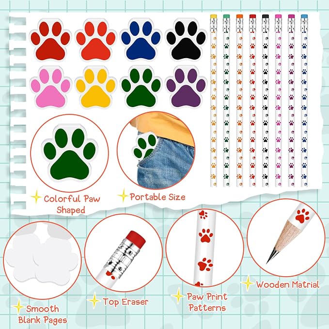 Weecent 32 Pcs Party Favors Kids Stationery Include 8 Colors Paw Print Pencil and Notpads Colorful Wooden Writing Pencils and Small Notebooks for Birthday Gifts Classroom Supplies