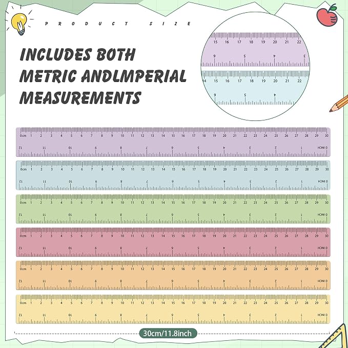 120 Pcs Clear Plastic Ruler Bulk 12'' Colorful Ruler for Classroom with Inch Centimeter for Teacher Student Back School Office Supplies Tool Operation Measuring Drawing(Pastel)