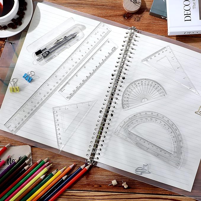 Zonon 7‑Piece Geometry Set with Drawing Compass, 6 & 4 Inch Protractors, Triangle Rulers and Straight Rulers, Transparent Math Drafting Supplies for Back to School, Students and Office Use(Clear)