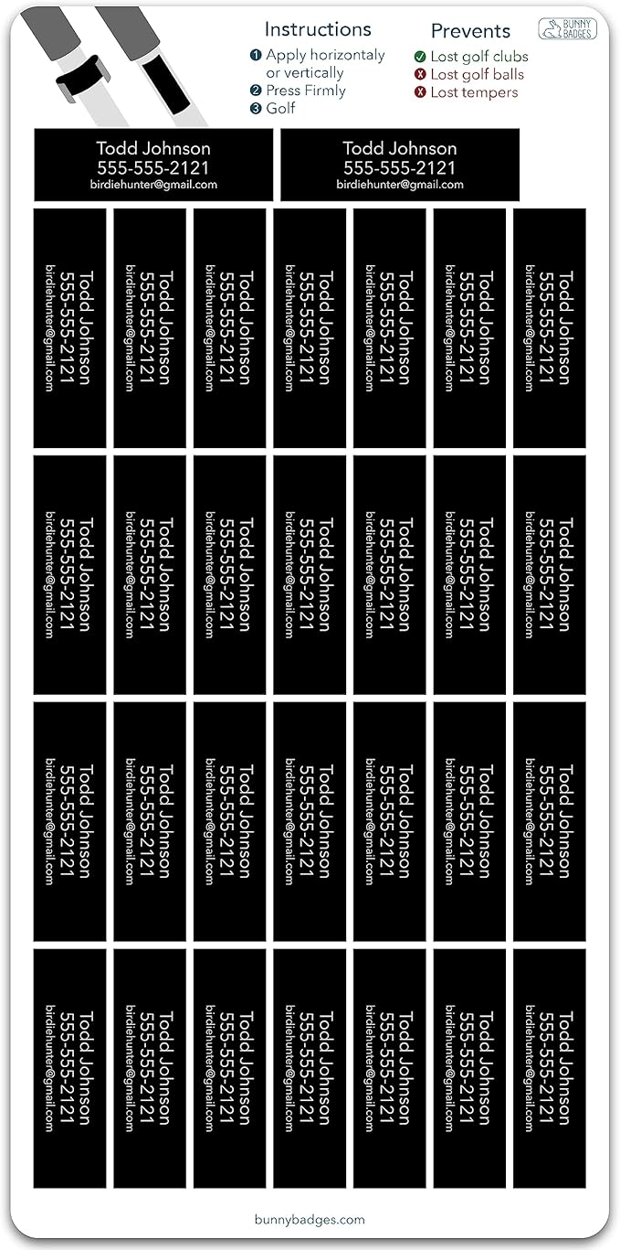 Personalized Golf Club Name Labels (30 Labels) - Custom Waterproof Name Stickers for Golf Clubs (Black with Silver Text)