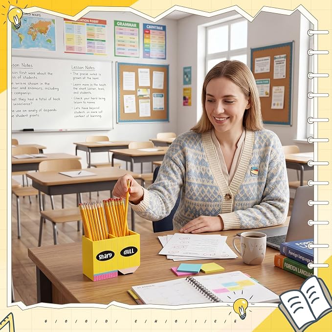 DoubleFill 1 Pcs Normal Pencil Shaped Holder Sharp Dull Holder Wooden Dispenser Pencil Storage with Classic Composition Notebook Design for Back to School Teachers Classroom Organization Accessories
