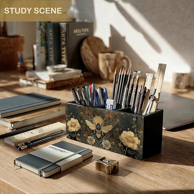 William Morris Inspired Bee Wooden pencil holders & pen holders | Bee Desk Accessories, Art Nouveau Dark Cottagecore Floral Insect Makeup Brush Toothbrush Holder Organizer for Bathroom Vanity