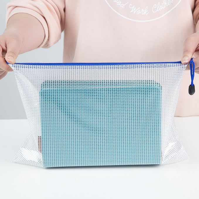 Koogel 5PCS Mesh Zipper Pouch Bags, A4, Waterproof File Folders, 5 Colors | Reusable PVC Plastic Pouches for Organizing Storage, Clear Mesh Bag for School, Office, Classroom Supplies