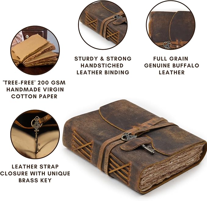 LEATHER VILLAGE Vintage Leather Journal – 200 Handmade Vintage Deckle Edge Paper – Leather bound Journal For Women Men – Vintage Key Closure - Book of Shadows - Cappuccino Brown - 6X4 inches (A6)